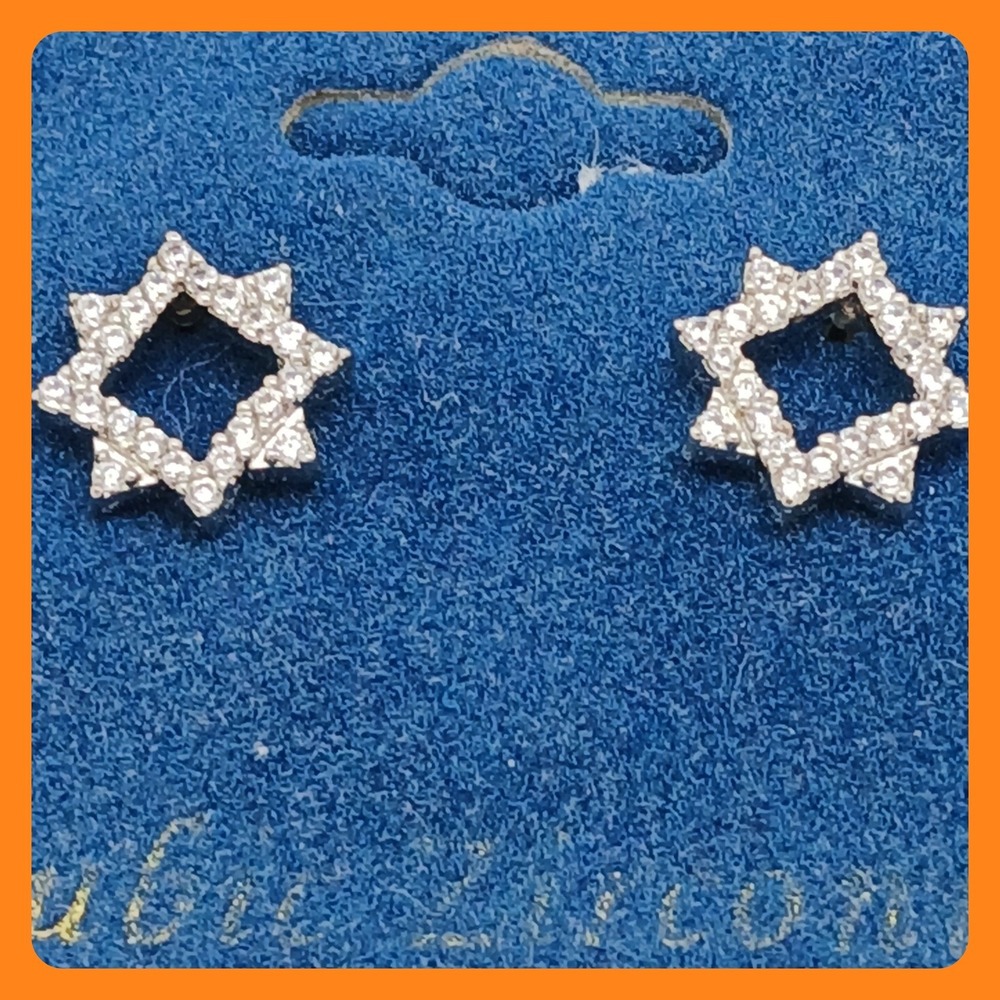 Vintage 1990s Cubic Zirconia Geometric Star Stud Earrings Silver Tone New